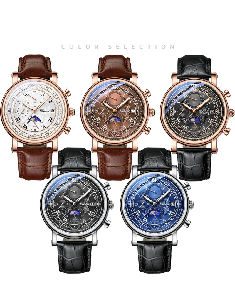 CHENXI 976 Men's Watch Leather Chronograph Date Quartz Watches Phase Moon Timing Business Luminous Wrist Watch Relojes para