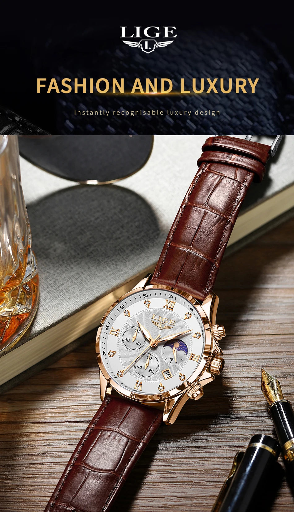 LIGE Men's Watch Luxury Business Luminous Waterproof Leather Watches Moon Phase Week Date Casual Quartz Watch Men Reloj hombre