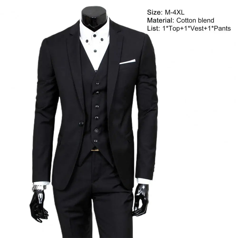 Fabulous Men Suit Set Cardigan 3 Piece Set Soft Fabric Split Wedding Suit Set Business Suit Slim Fit