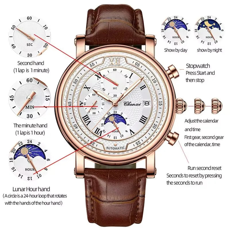 CHENXI 976 Men's Watch Leather Chronograph Date Quartz Watches Phase Moon Timing Business Luminous Wrist Watch Relojes para