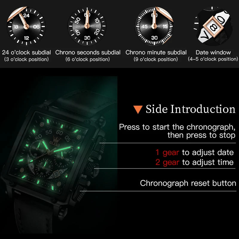 OLEVS Top Brand Male Watches Square Quartz Watch Watch For Men Waterproof Leather Strap Sport Clock Male Relogio Masculino