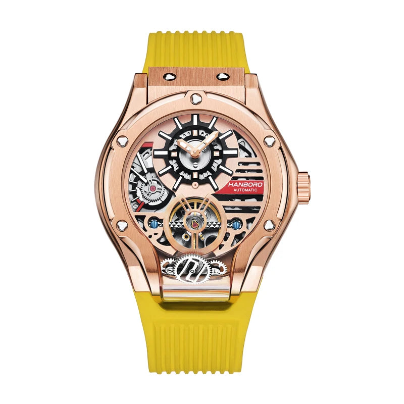 HANBORO Car Design Mechanic Watch Luxury Men Watches Mechanical Wristwatches Earth Skeleton Flywheel Watch Orologio Uomo