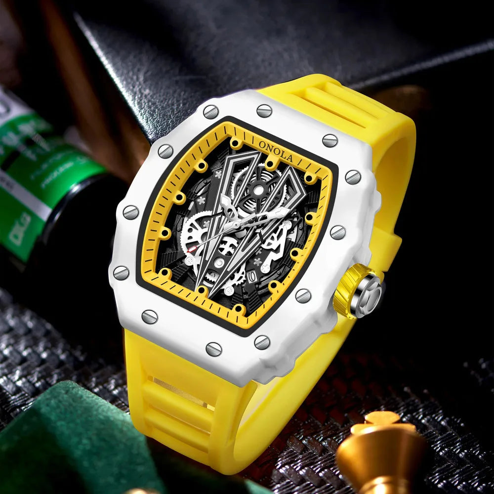 ONOLA Tonneau Mens Watch Fashion White Male Clock Luminous Calendar Water Resistant Silicone Tape Watches for Men Reloj Hombre