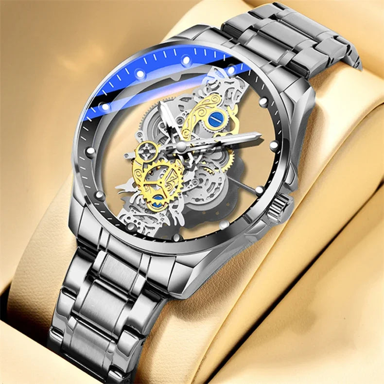 2024 New Men Watch Skeleton Quartz Wristwatch Gold Skeleton Retro Man Watch Top Brand Luxury Clock Mens Watches Reloj Hombre