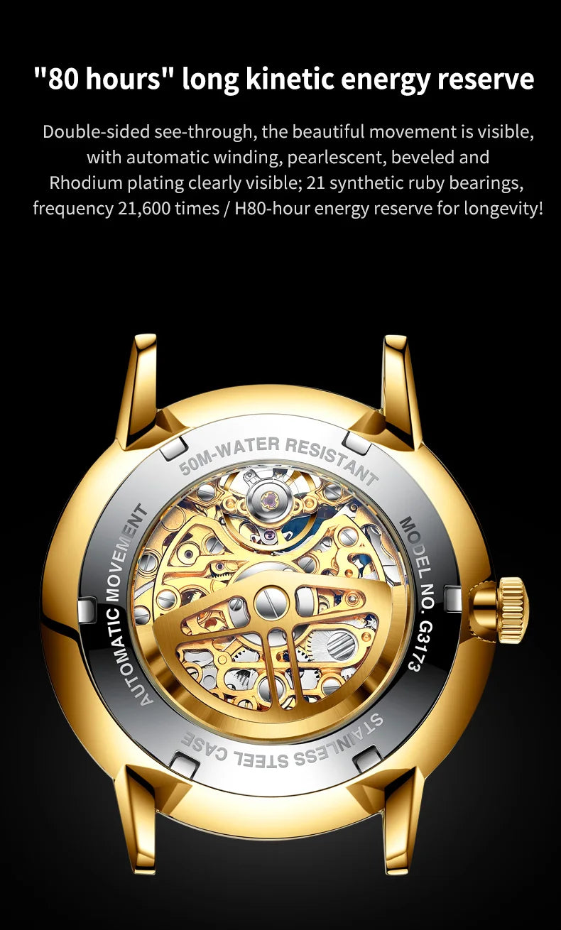 OUPINKE 3173 Luxury Gold Mechanical Watch For Men Hollow Top Brand Original Automatic Wristwatch 50M Waterproof Luminous Watches