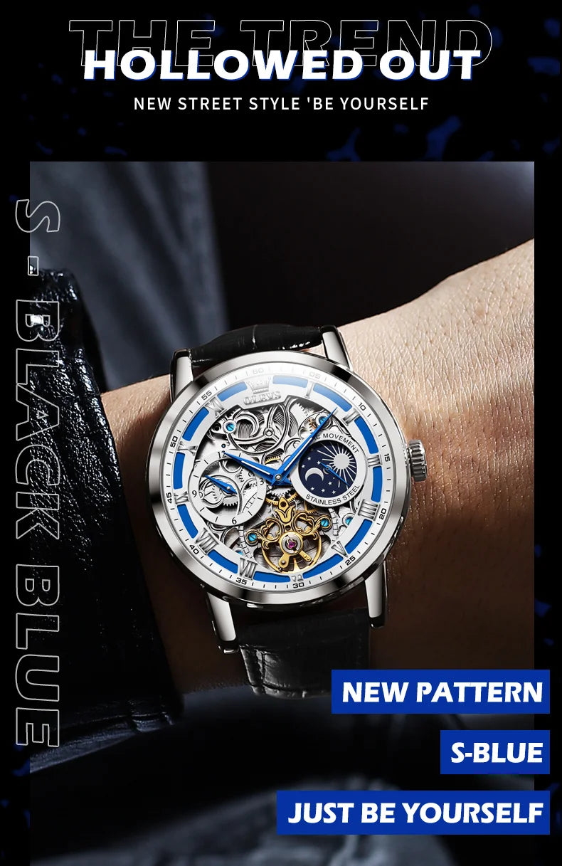 OLEVS Mens Watches Top Brand Luxury Moon Phase Tourbillon Mechanical Watch for Men Automatic Skeleton Watch Relogio Masculino