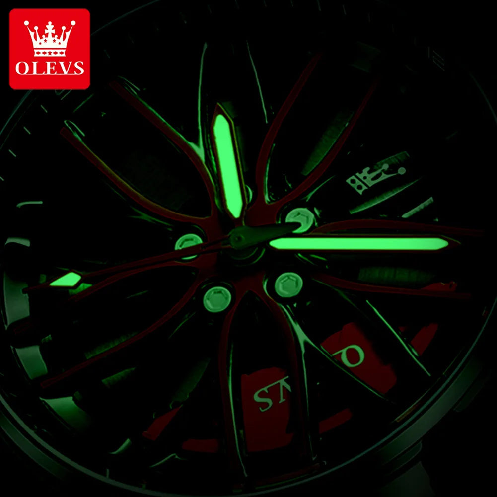 OLEVS Men Quartz Watch Car Wheel Rim Hub Dial Male Wristwatch Cool Man Black Red Waterproof Watches Full Steel Relogio Masculino