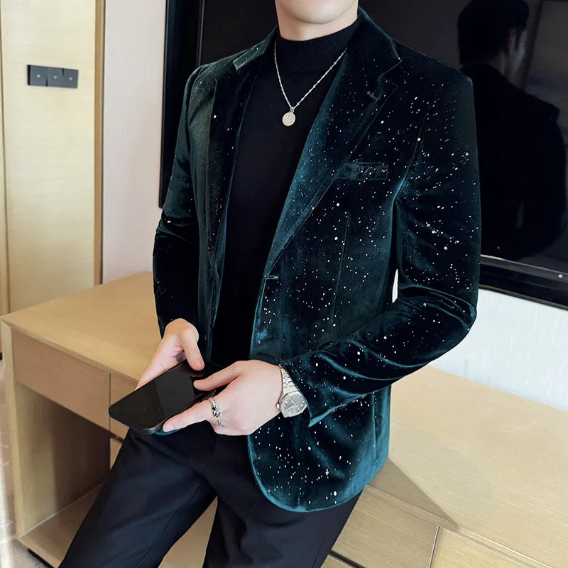 2024 Autumn New Velvet Jacket Men's Blazer Business Fashion Hot Stamping Printed Suit Jacket High-quality Luxury Dress Suit