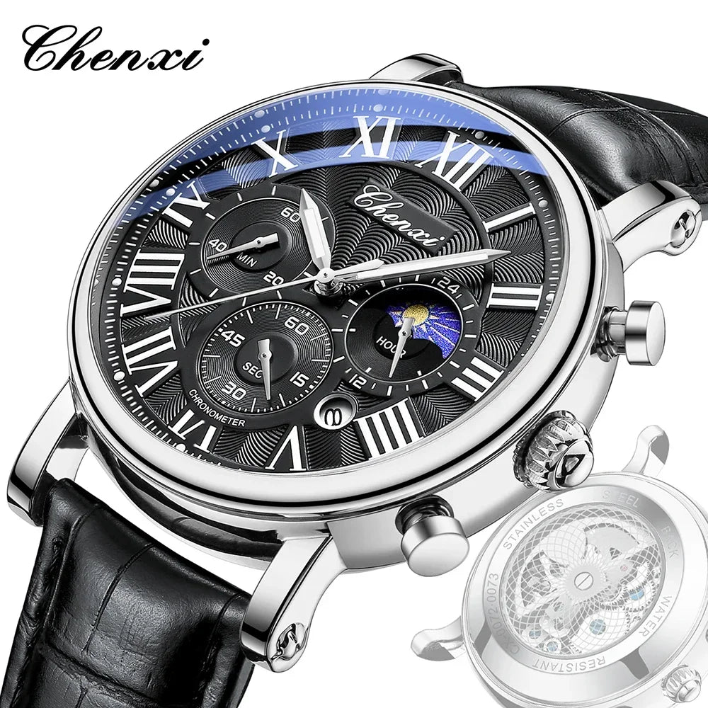CHENXI 2024 Watches For Men Leather Strap Skeleton Quartz Sweep Second Movement Mens Watch Waterproof Chronograph Wristwatches