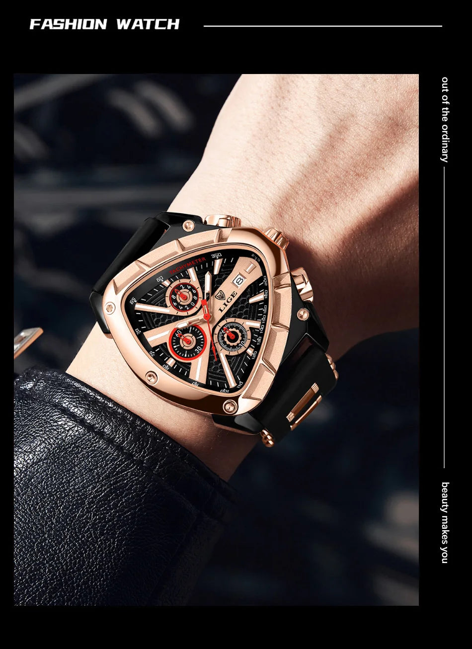 LIGE Fashion Men Watch Triangle Chronograph Military Wristwatch Sport Army Mens Watches Luxury Waterproof Quartz Clock Man Reloj