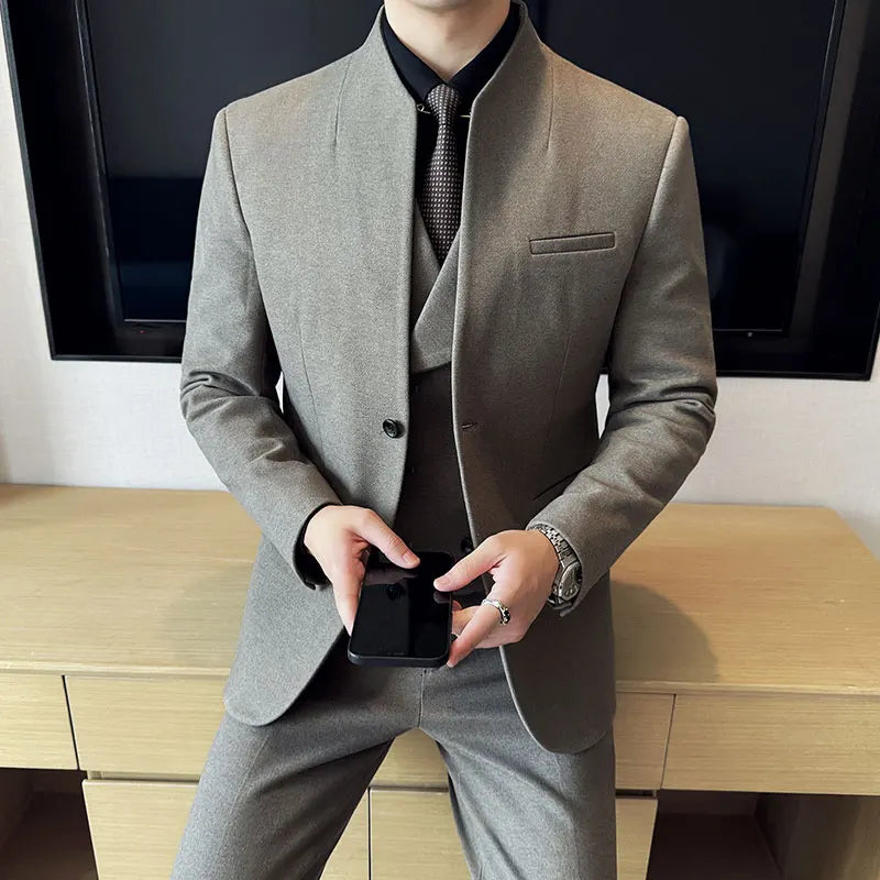 Korean Style Men's Suit Set Slim Fit Business Suit Wool Blazer Three Piece Set Elegant Social Formal Men's Clothing 5XL-M