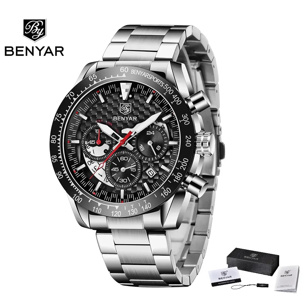 BENYAR Top Brand New Men Watches Leather Strap Luxury Waterproof Sport Quartz Chronograph Military Watch Men Clock Reloj Hombre