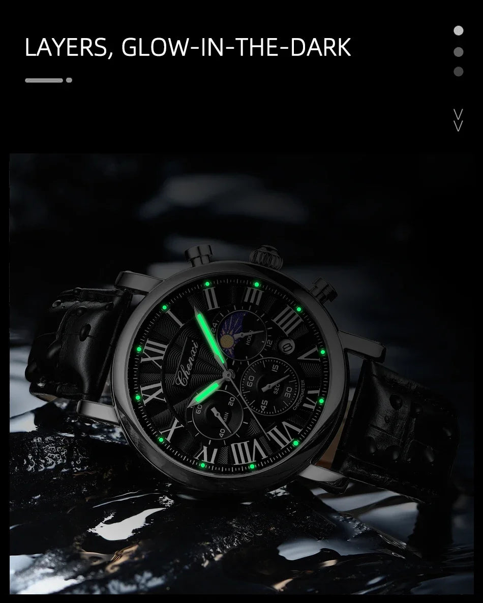 CHENXI 2024 Watches For Men Leather Strap Skeleton Quartz Sweep Second Movement Mens Watch Waterproof Chronograph Wristwatches
