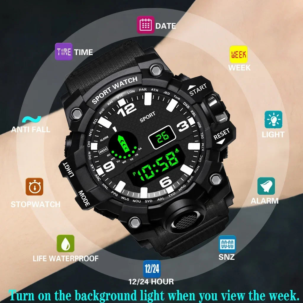 YIKAZE Y12 Men's Sports Watch Waterproof Luminous Men Sport Watch Multifunction Digital Electronic Wristwatch Clock for Boy Kids