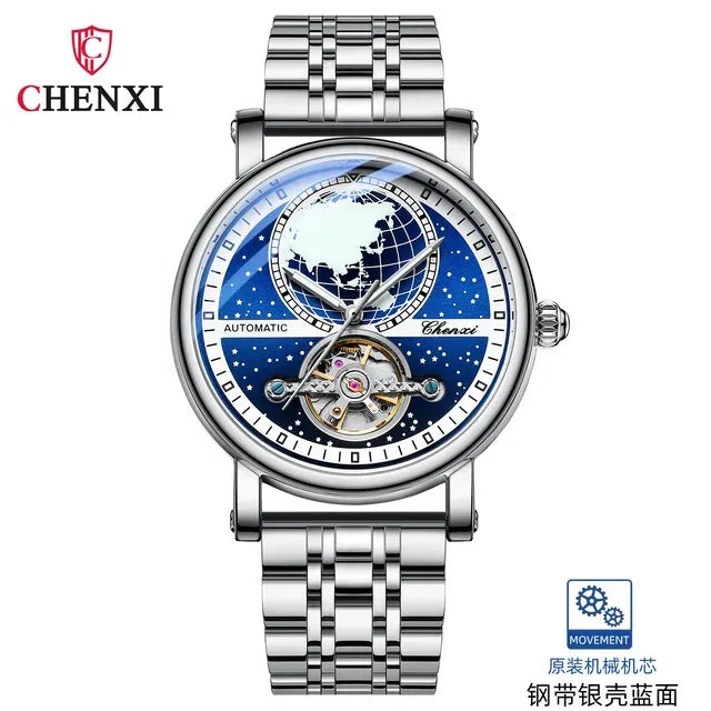 CHENXI Tourbillon Mens Watch Automatic Mechanical 8871 Classic Map Dial Waterproof Luminous Leather Watches for Men Reloj Hombre