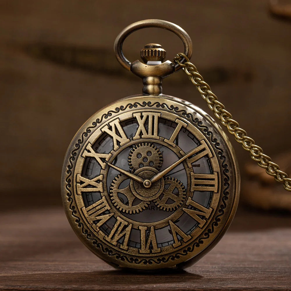Pocket watch women's necklace pendant vintage pocket watch classic boy style style flip hollowed out gear Roman figure