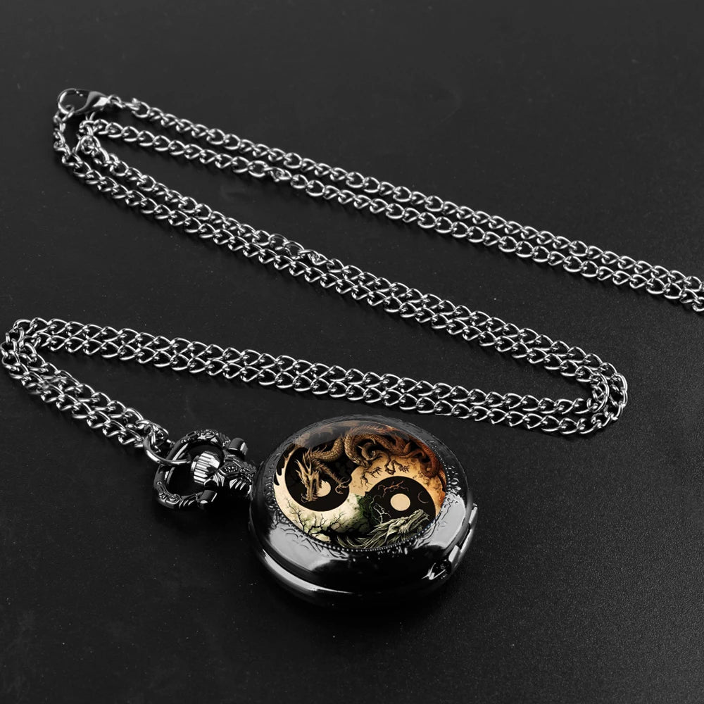 Creative Yin-Yang Dragon Design Pendant Quartz Pocket Watch Souvenir Chain Pocket Watch Arabic Numerals With Personality Gift
