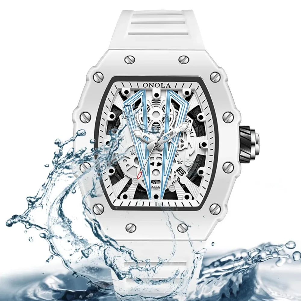 ONOLA Tonneau Mens Watch Fashion White Male Clock Luminous Calendar Water Resistant Silicone Tape Watches for Men Reloj Hombre