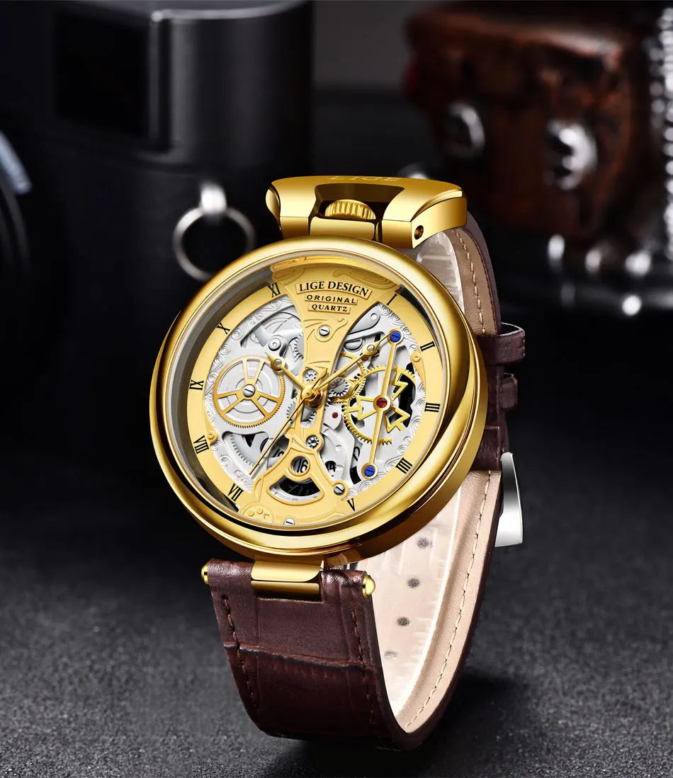 2023 LIGE Men Watches Top Brand Luxury Brown Leather Chronograph Sport Watch For Men Fashion Date Waterproof Clock Reloj Hombre