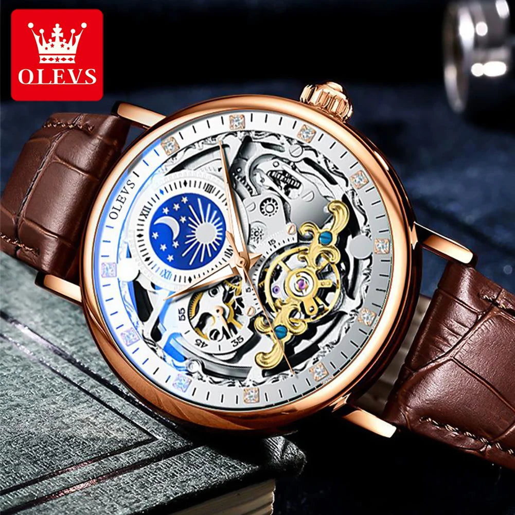 OLEVS Top Brand Luxury Mechanical Watch Men Leather Waterproof Moon Phase Automatic Wristatches Man Clock with Luminous Hands