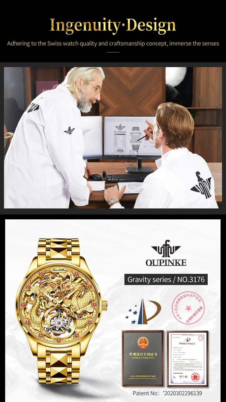 OUPINKE 3176 Luxury High end Fully Automatic Mechanical Tourbillon Watch Full Golden Dragon Dial Watch Sapphire Mirror Men Watch