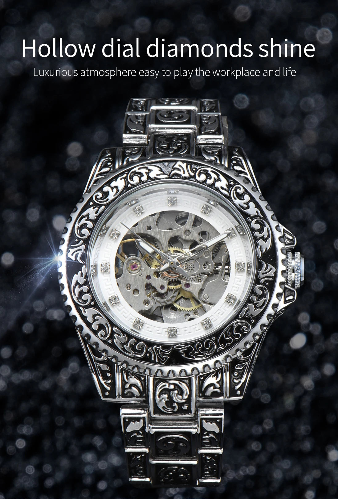 LONGLUX automatic watch luxury wholesale mechanical wristwatches stainless steel carve waterproof no logo mens watch men gift