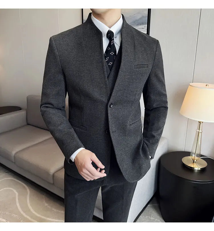 Korean Style Men's Suit Set Slim Fit Business Suit Wool Blazer Three Piece Set Elegant Social Formal Men's Clothing 5XL-M