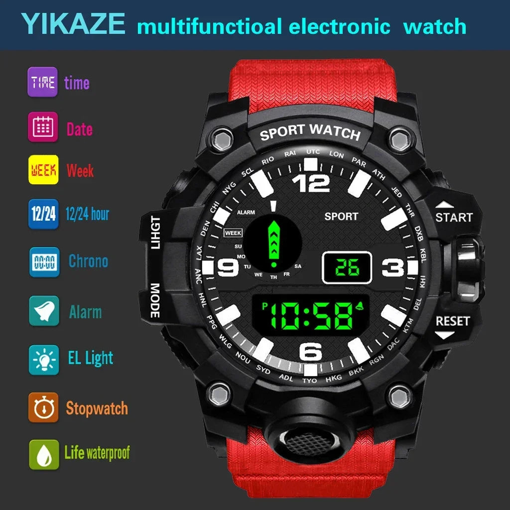 YIKAZE Y12 Men's Sports Watch Waterproof Luminous Men Sport Watch Multifunction Digital Electronic Wristwatch Clock for Boy Kids