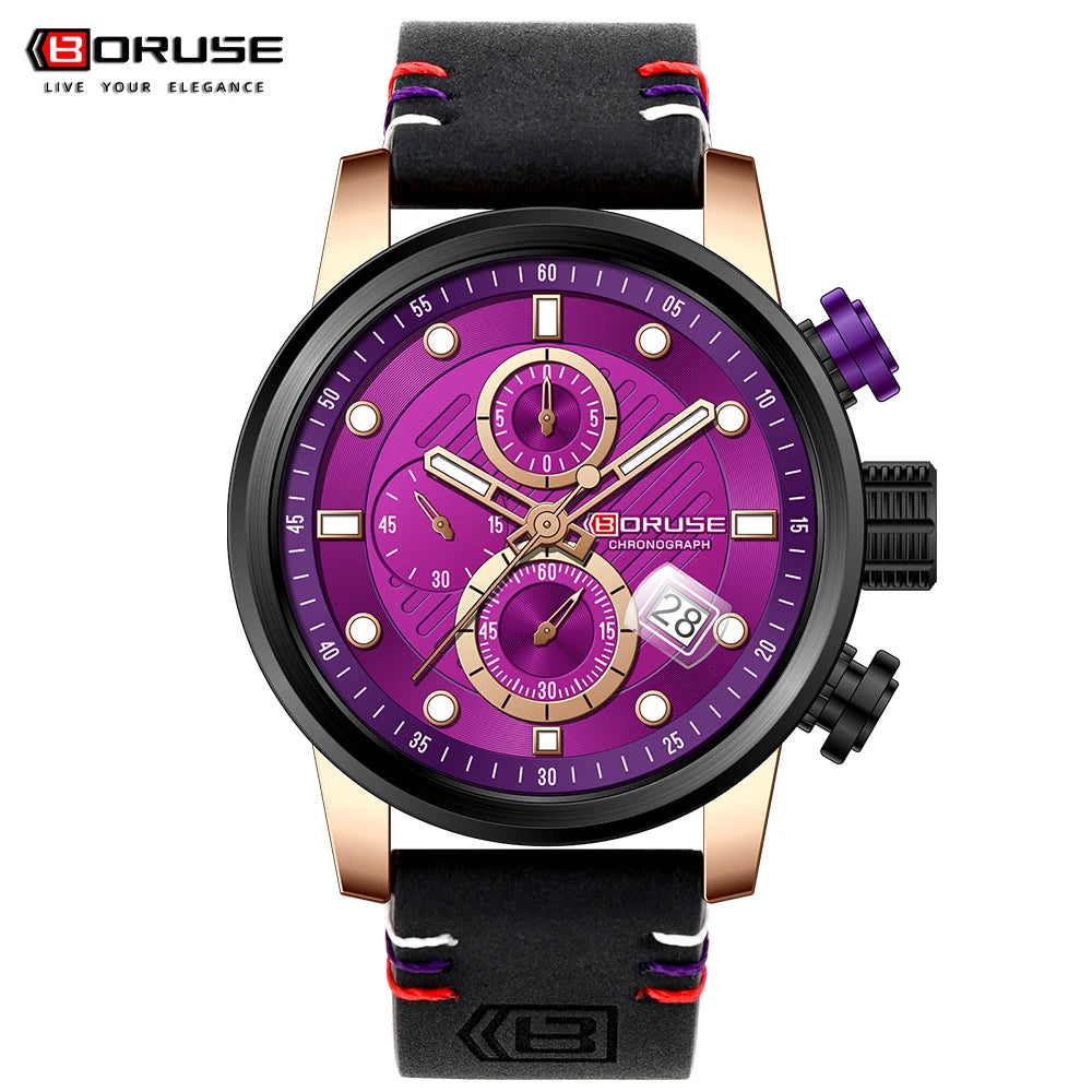 BORUSE New Fashion Mens Watches Top Brand Luxury Military Quartz Watch Man Premium Leather Waterproof Sport Chronograph Watch