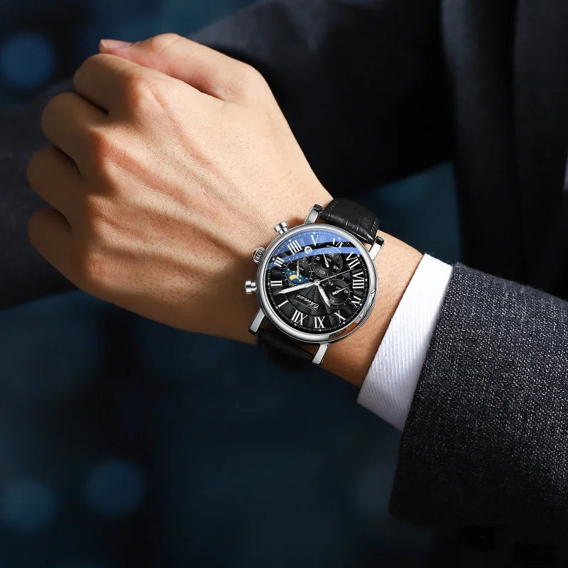 CHENXI 973 Men's Wristwatch Multi-functional Business Watch Moon Phase Date Waterproof Rome Dial Leather Quartz Watches for Man