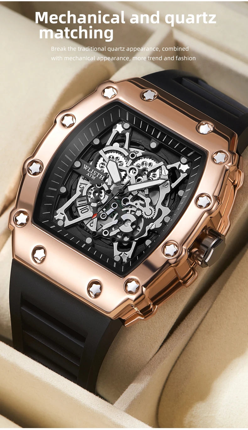 Brand Men's Watch Fashion Automatic Movement Barrel Luminous Waterproof Clock Sports Male's Silicone Strap Quartz Wristwatch New