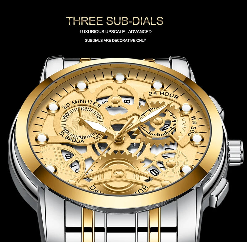 Men's Business Watch Skeleton Design Fashion Mechanical Style Stainless Steel Quartz Movement Calendar Waterproof Men WristWatch