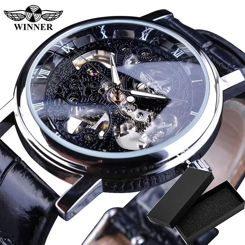 Winner Transparent Golden Case Luxury Casual Design Brown Leather Strap Mens Watches Top Brand Luxury Mechanical Skeleton Watch