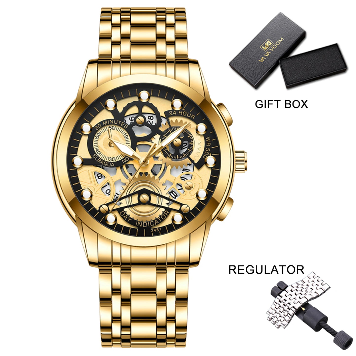 Men's Business Watch Skeleton Design Fashion Mechanical Style Stainless Steel Quartz Movement Calendar Waterproof Men WristWatch
