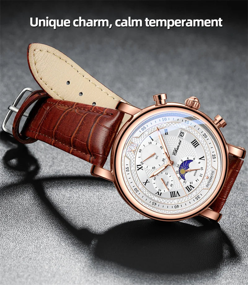 CHENXI 976 Men's Watch Leather Chronograph Date Quartz Watches Phase Moon Timing Business Luminous Wrist Watch Relojes para