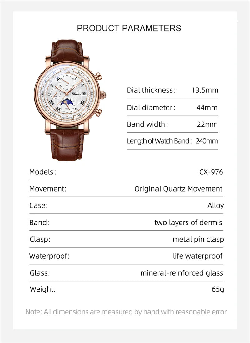 CHENXI 976 Men's Watch Leather Chronograph Date Quartz Watches Phase Moon Timing Business Luminous Wrist Watch Relojes para