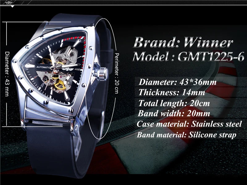 Winner 395R WINNER Minimalist Automatic Watch for Men Creative Triangle Dial Brand Luxury Business Mechanical Watches Silicone