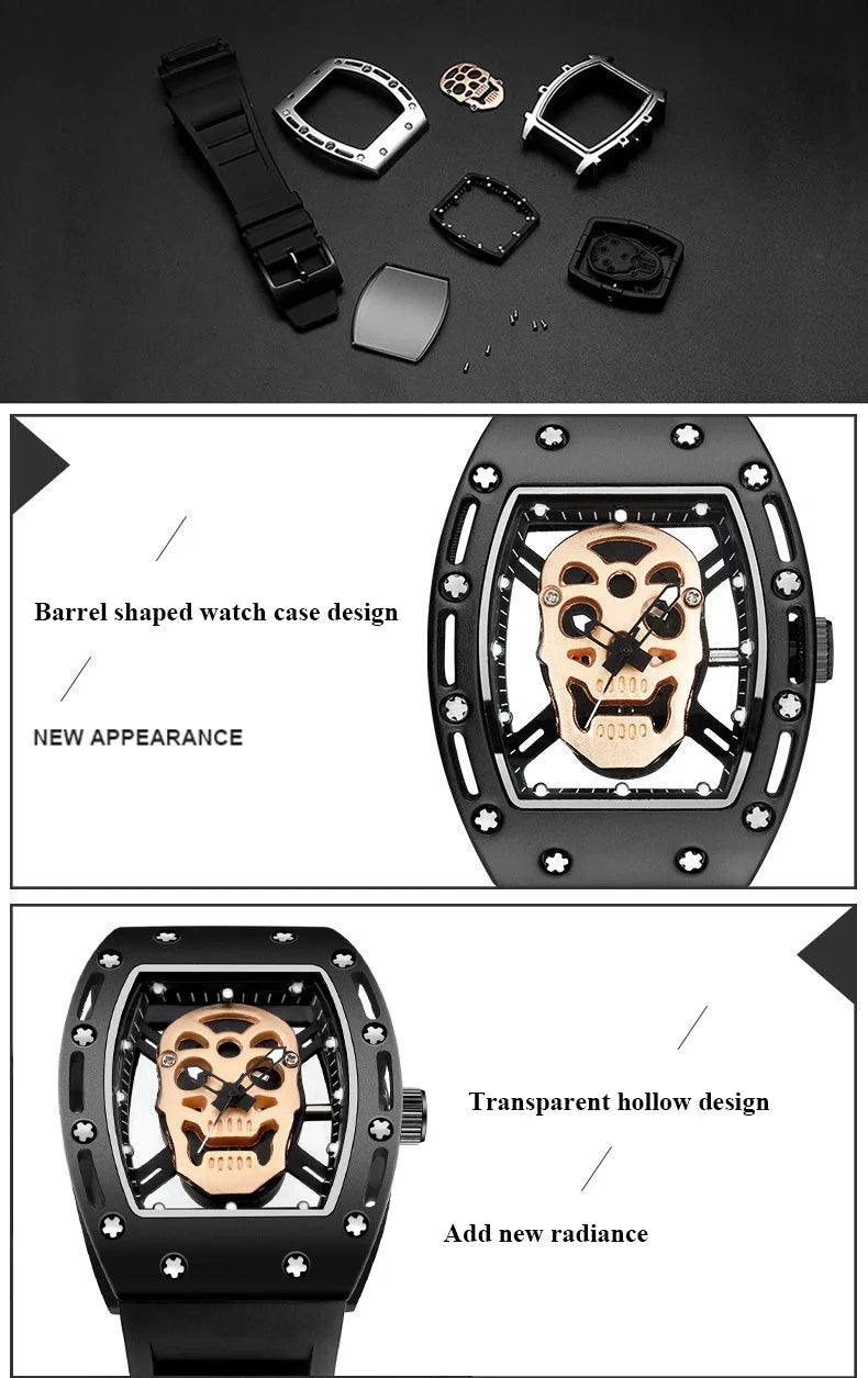 UTHAI Men Watch Fashion Trend For Skeleton Ghost Head Hollow Out Watch Wine Bucket Wristwatch Silicone Male Quartz Clock Watches