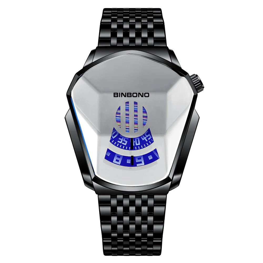 BINBOND Men Popular Fashion Motorcycle Concept Quartz Watch Luminous Steel Band Mesh Watch Touch Screen black technology watch