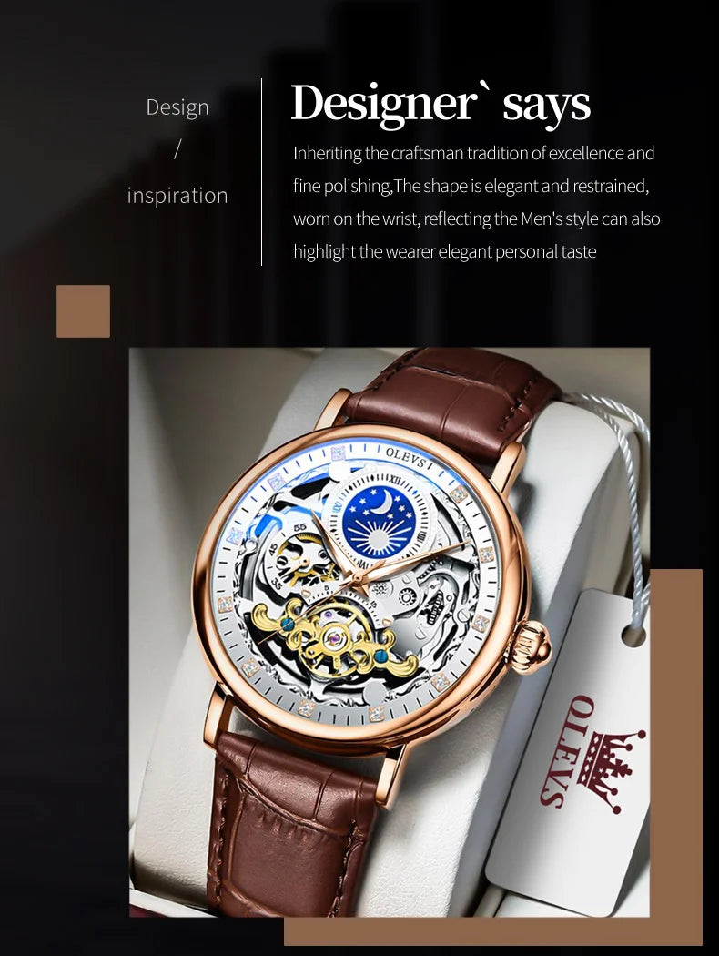 OLEVS Top Brand Luxury Mechanical Watch Men Leather Waterproof Moon Phase Automatic Wristatches Man Clock with Luminous Hands