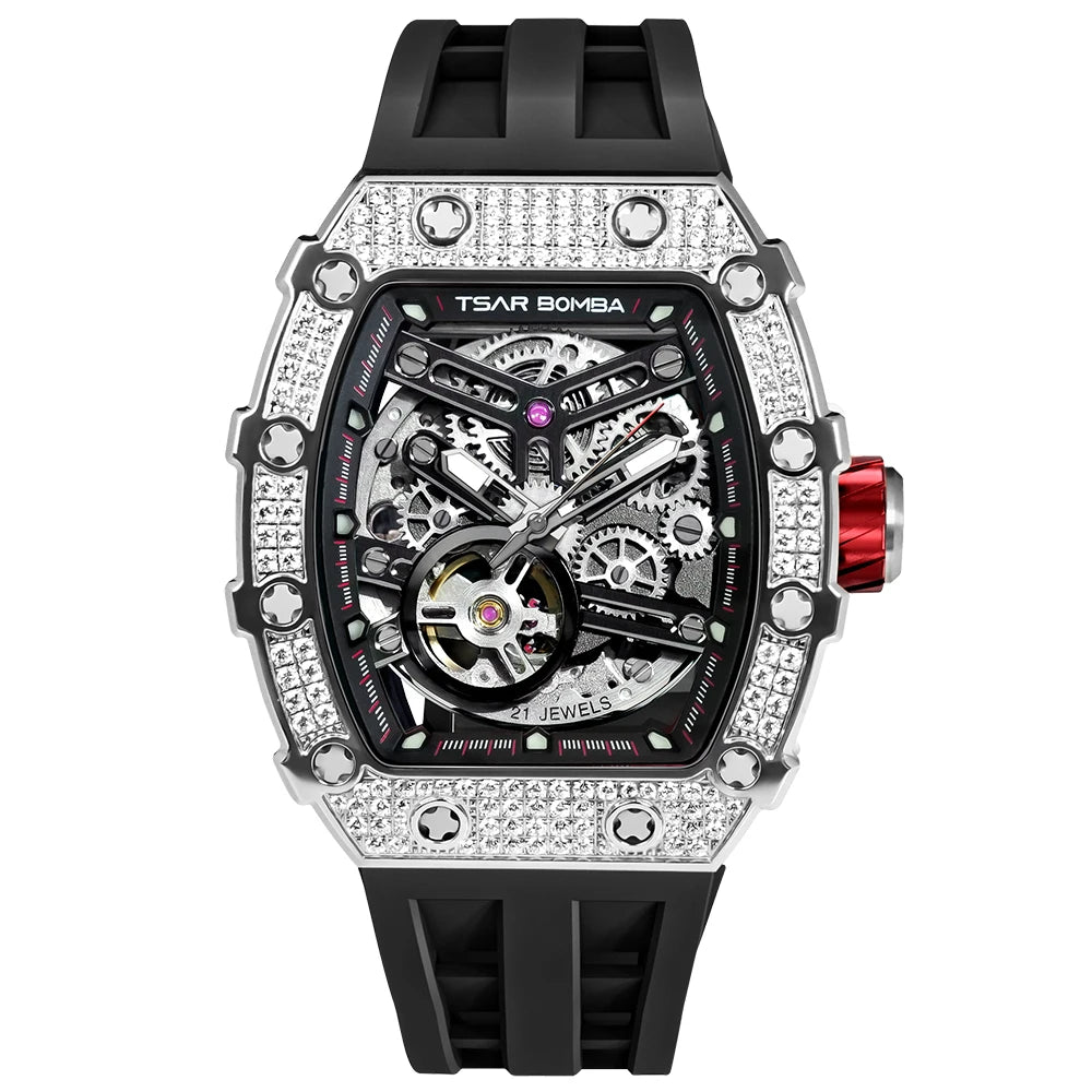 TSAR BOMBA Rose Gold Mens Automatic Watch Mechanical Wristwatch Sapphire Clock Fashion Skeleton Watch New Year Gift for Men