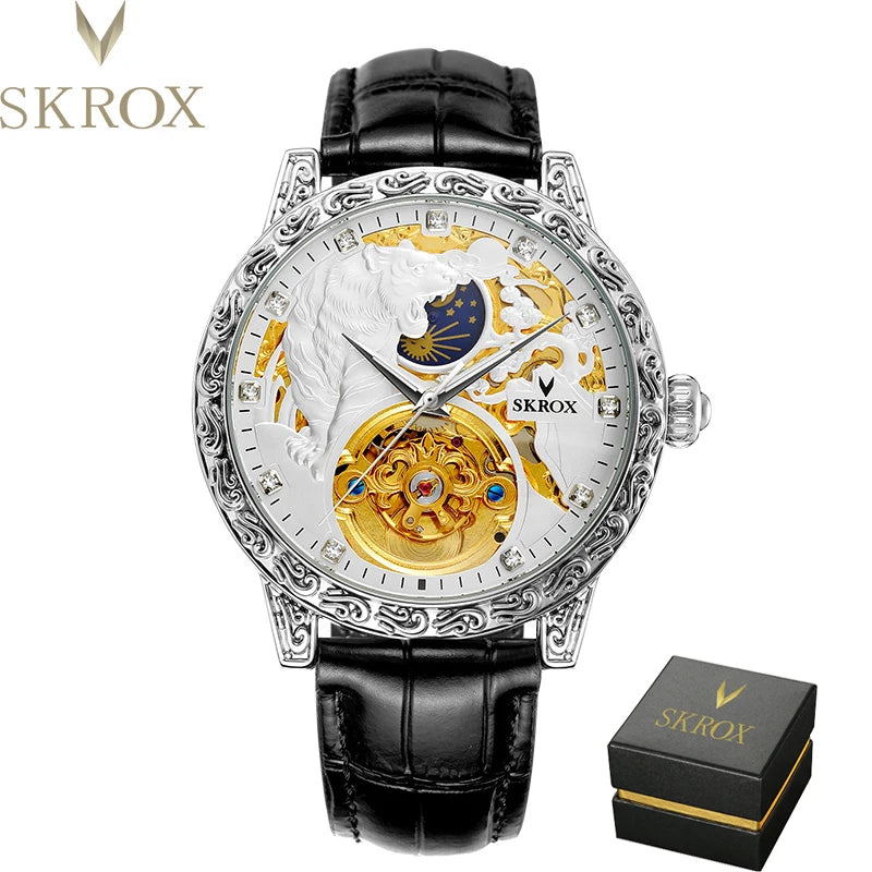 SKROX Original Gold Tiger Diamond Elegant Men's Watch Moon Phase Tourbillon Automatic Mechanical High-end Luxury Male Clockwork