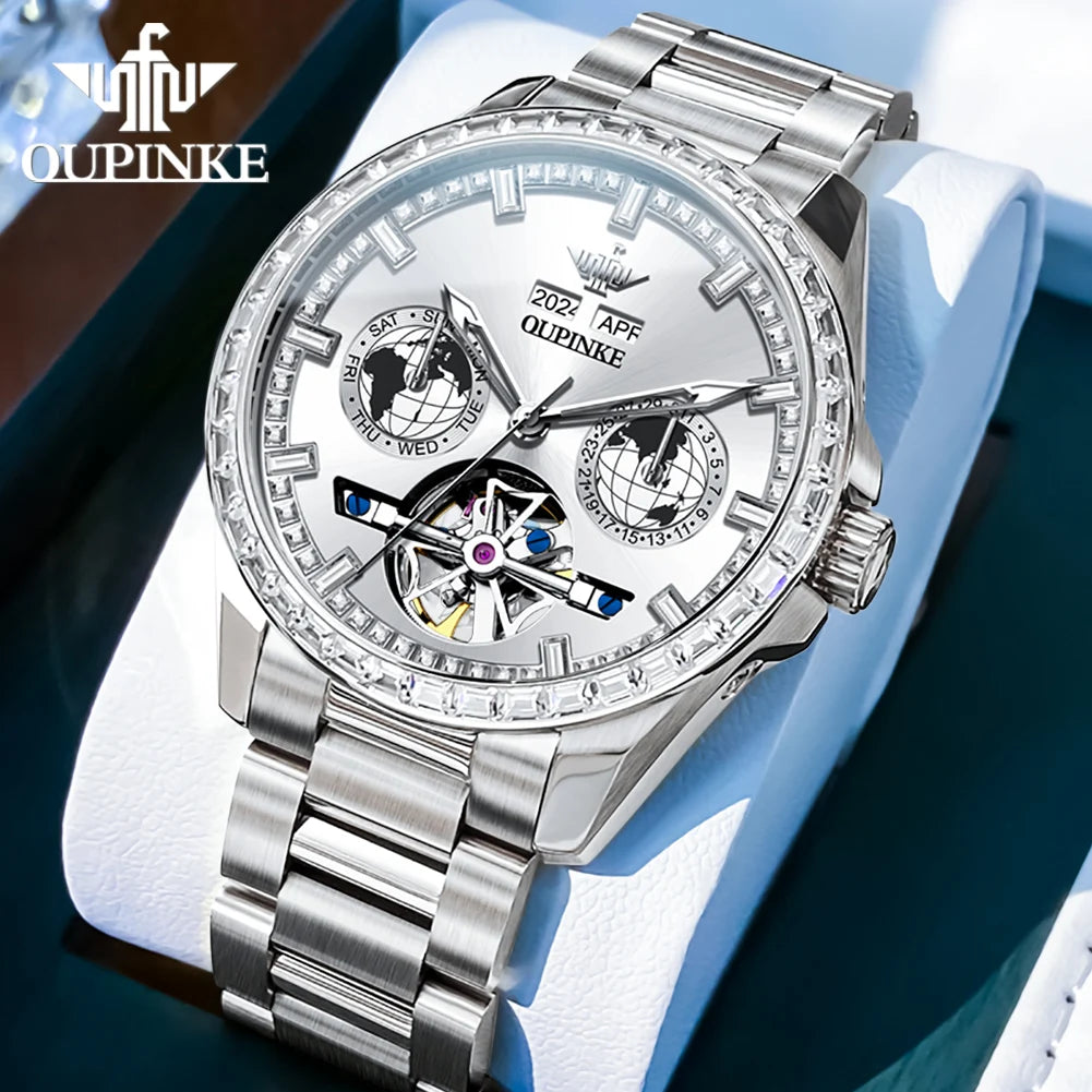 OUPINKE 3280 Mechanical Watch for Men Luxury Full Diamond Flywheel Skeleton Gold Stainless steel Date Automatic Men's Watch