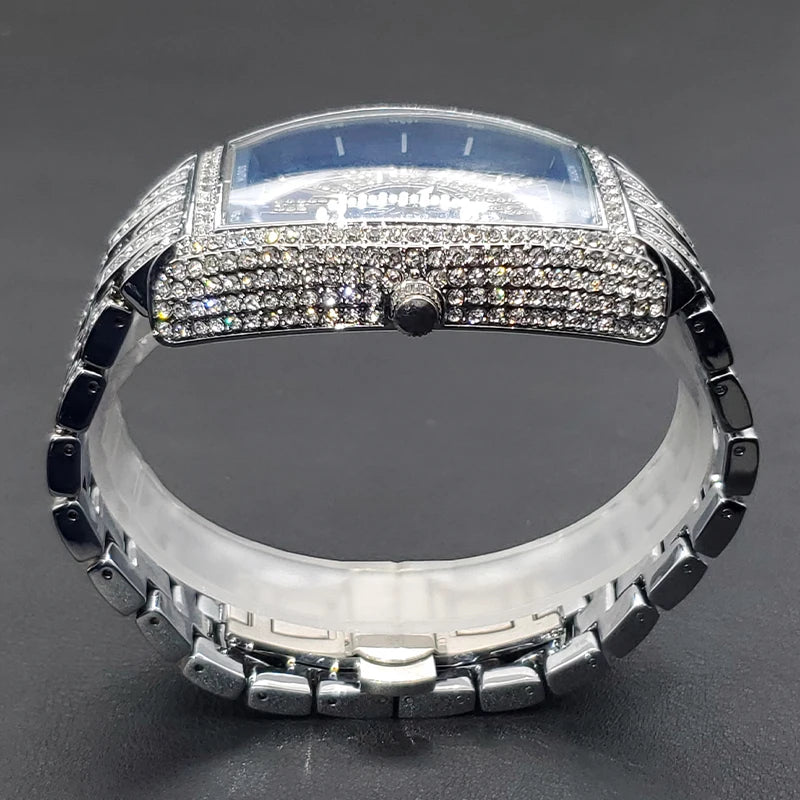 Classic 55mm Black Dial Wristwatch Men Famous Brand Diamond Silver Quartz Watch Original Ice Out Shiny Waterproof Clock 2023 New