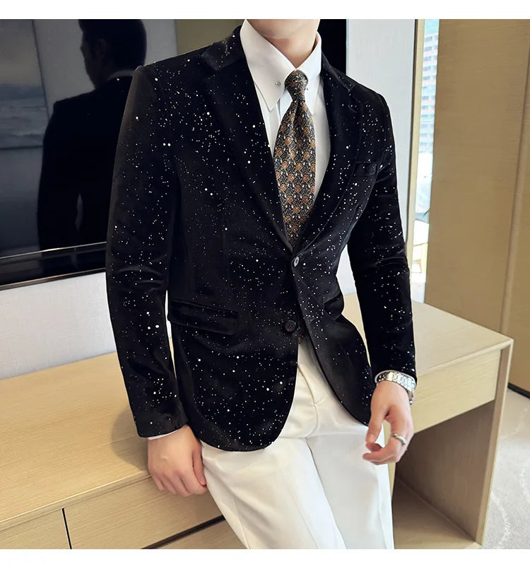 2024 Autumn New Velvet Jacket Men's Blazer Business Fashion Hot Stamping Printed Suit Jacket High-quality Luxury Dress Suit