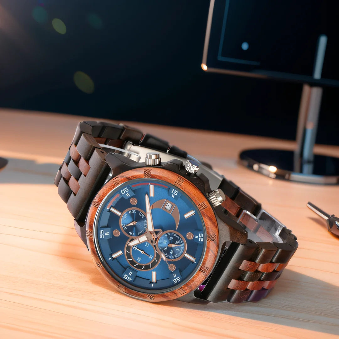 Men's Wooden Wrist Watches for Men Chronograph Fashion Wristwatches Business Blue Wood Mens Watches Clock reloj madera hombre