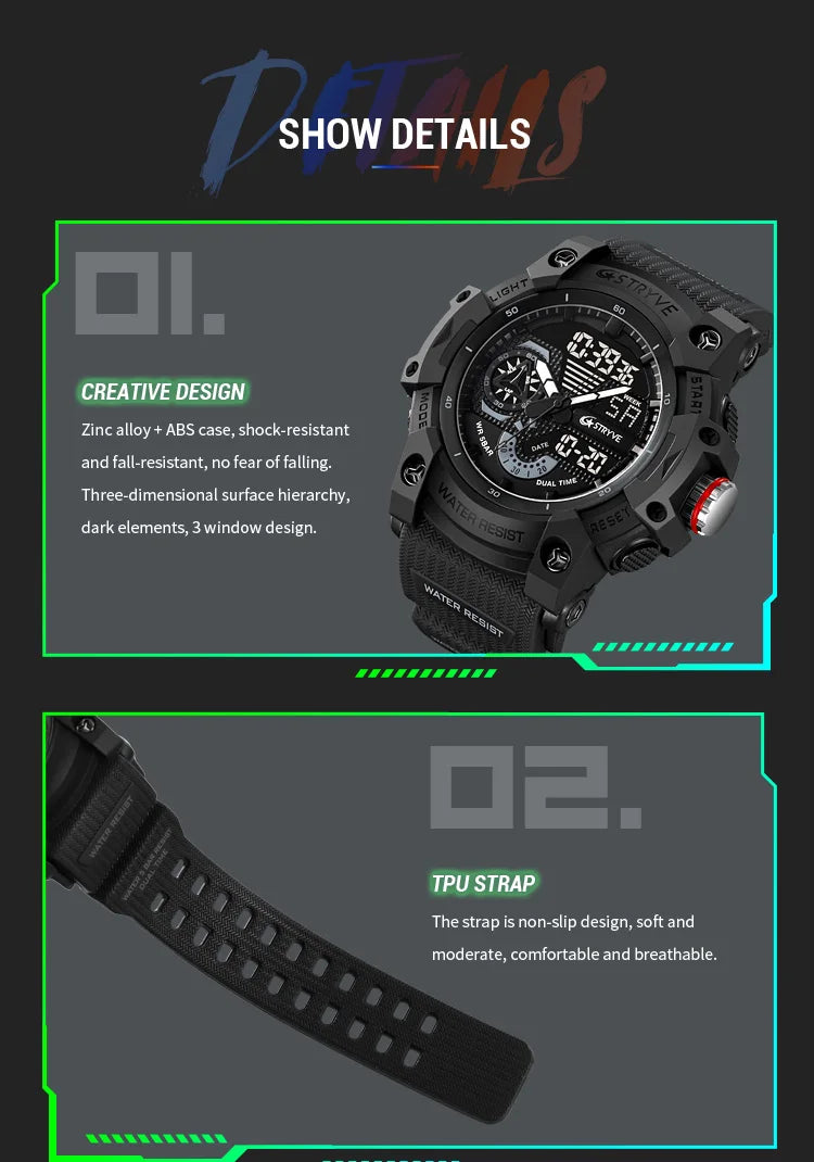 STRYVE Electronic Fashion Men's Sport Watches Shock Resistant 50M Waterproof Wristwatch LED Alarm Stopwatch Clock Men 8029