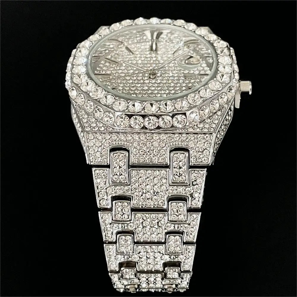 2024 New Hip Hop Mens Quartz Watch Brand MISSFOX Luxury Automatic Date Iced Out Clocks Man Fashion Green Full Diamond Wristwatch