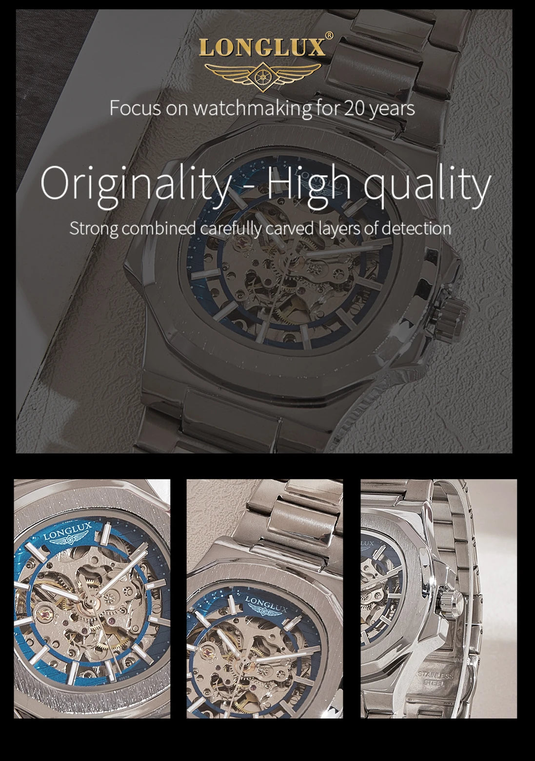 LONGLUX automatic man watch luxury wholesale mechanical wristwatches stainless steel skeleton waterproof mens watch men gift