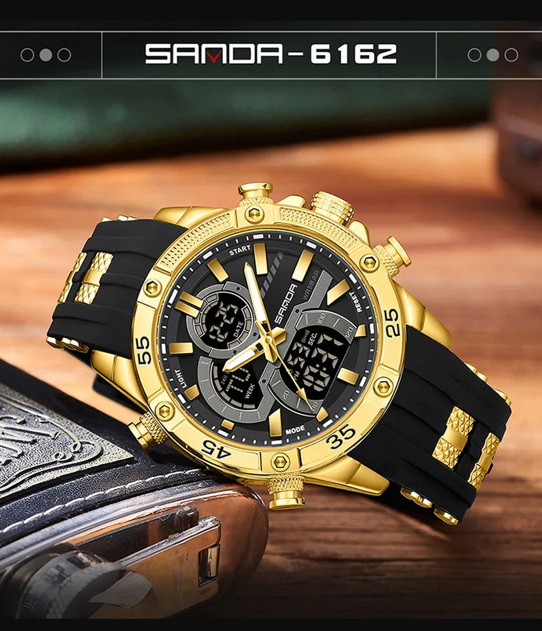 SANDA 6162 Men's Electronic Watch Creative Sports Waterproof Luminous Chronograph Pointer Digital Dual Display Wristwatches